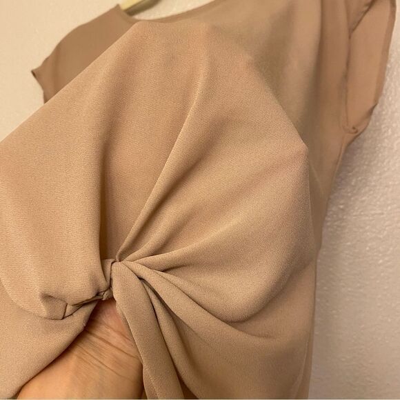 Pleione Twisted knot Hem Hi-Low Top beige tan semi sheer crew neck blouse S - Picture 3 of 8